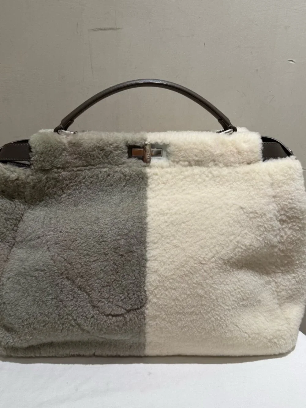 Fendi Peekaboo Medium Patchwork Shearling Top‑Handle Handbag